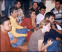 The cast and crew of Lagaan, watching the Oscars