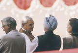 Prime Minister A B Vajpayee exchanging pleasantries with Congress leaders Manmohan Singh and Sonia Gandhi in the forecourt of Rashtrapati Bhavan