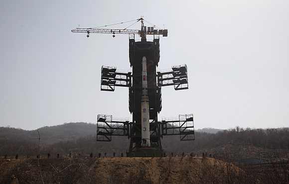 The Unha-3 (Milky Way 3) rocket is pictured on a launch pad at the West Sea Satellite Launch Site during a guided media tour by North Korean authorities in the northwest of Pyongyang