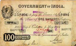 A 100 rupee note featuring Queen Victoria's portrait