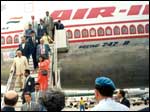 Click for a bigger image. Prime Minister Vajpayee alights from an Air-India aircraft. Pic: Y Siva Sankar