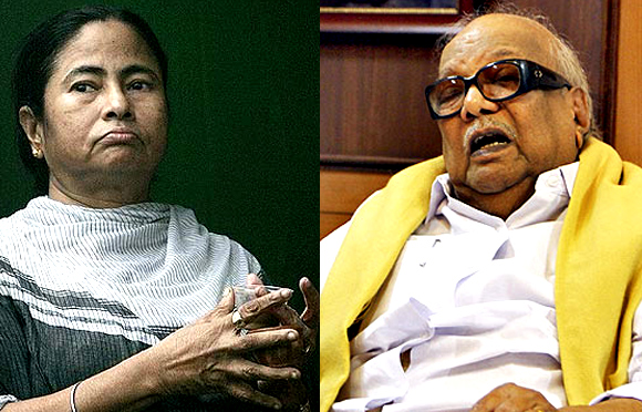 Trinamool Congress chief Mamata Banerjee (left) and DMK supremo M Karunanidhi's (right) refusal to participate in UPA's 3rd anniversary dinner has drawn flak from BJP